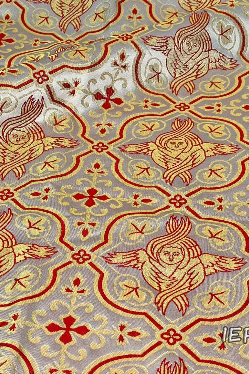 Fabric in white base with design of angels and crosses in alternating rhombuses in gold and red color.