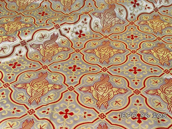 Fabric in white base with design of angels and crosses in alternating rhombuses in gold and red color.