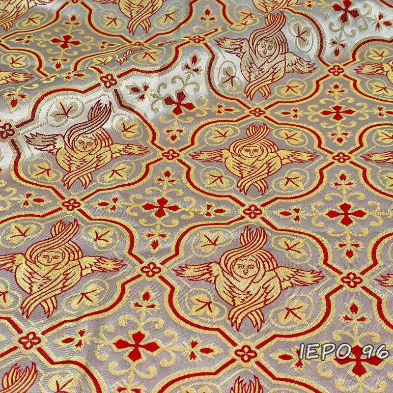 Ткань на белой основе с рисунком ангелов и крестов в чередующихся ромбах золотого и красного цвета.